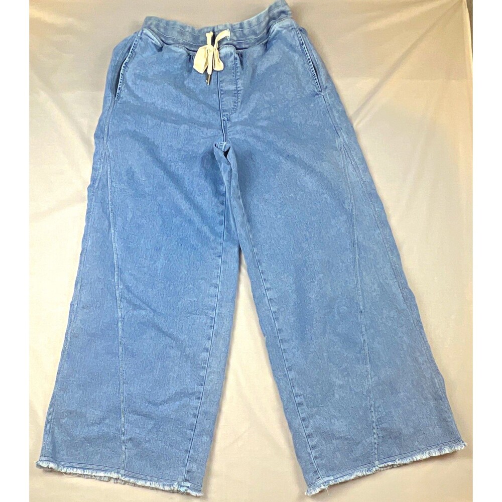 Aerie Wide Leg Denim Pants Medium Blue High Rise Relaxed Elastic Drawstring